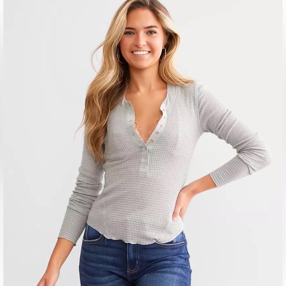 Free People Intimately Waffle Knit Henley Top – Gray, Size Large